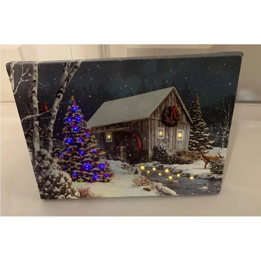 Tabletop led lighted cabin winter snowy scene Holiday Canvas Art with LED Lights